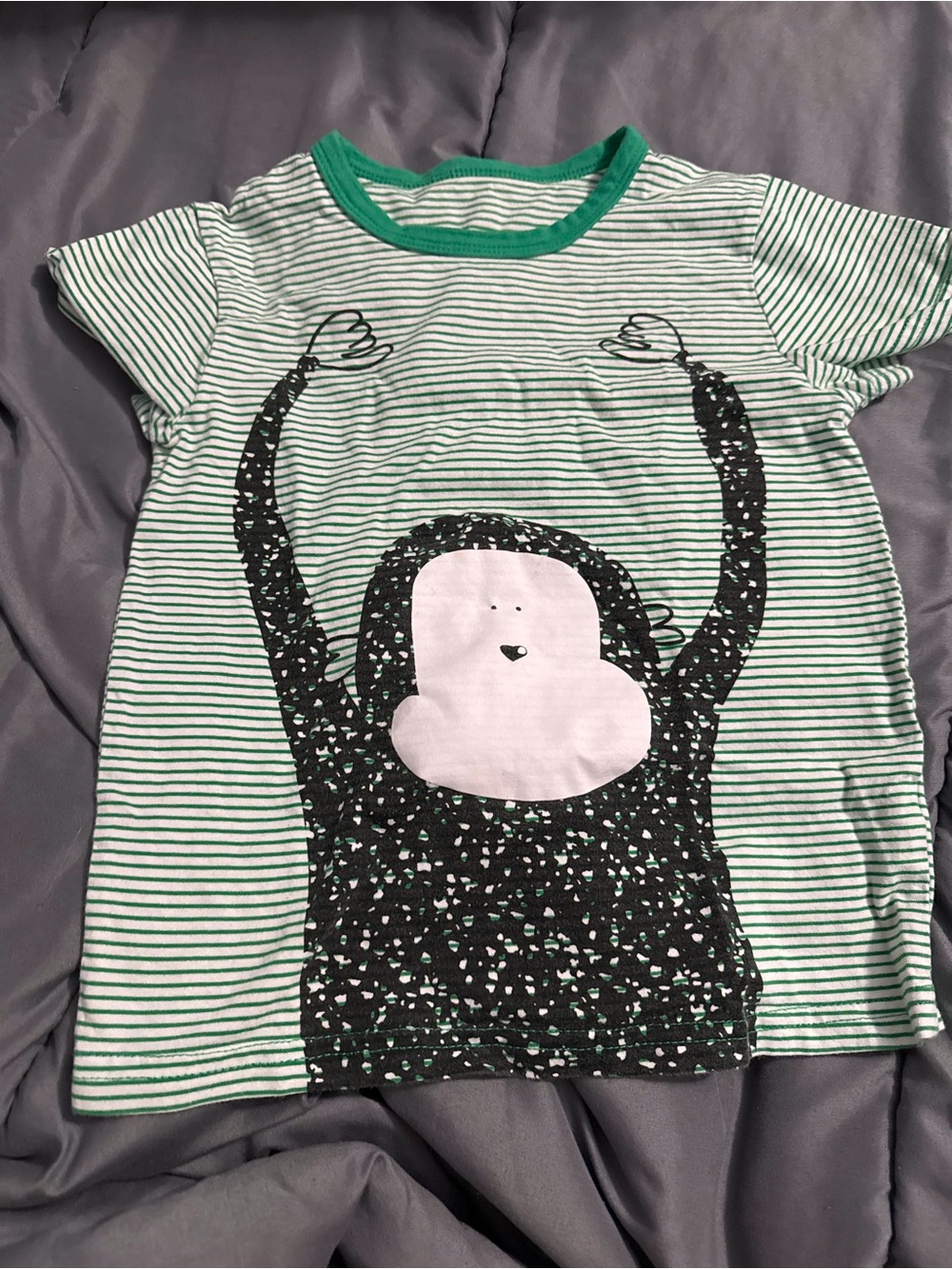 Green Striped Kids Tee with Playful Gorilla Graphic